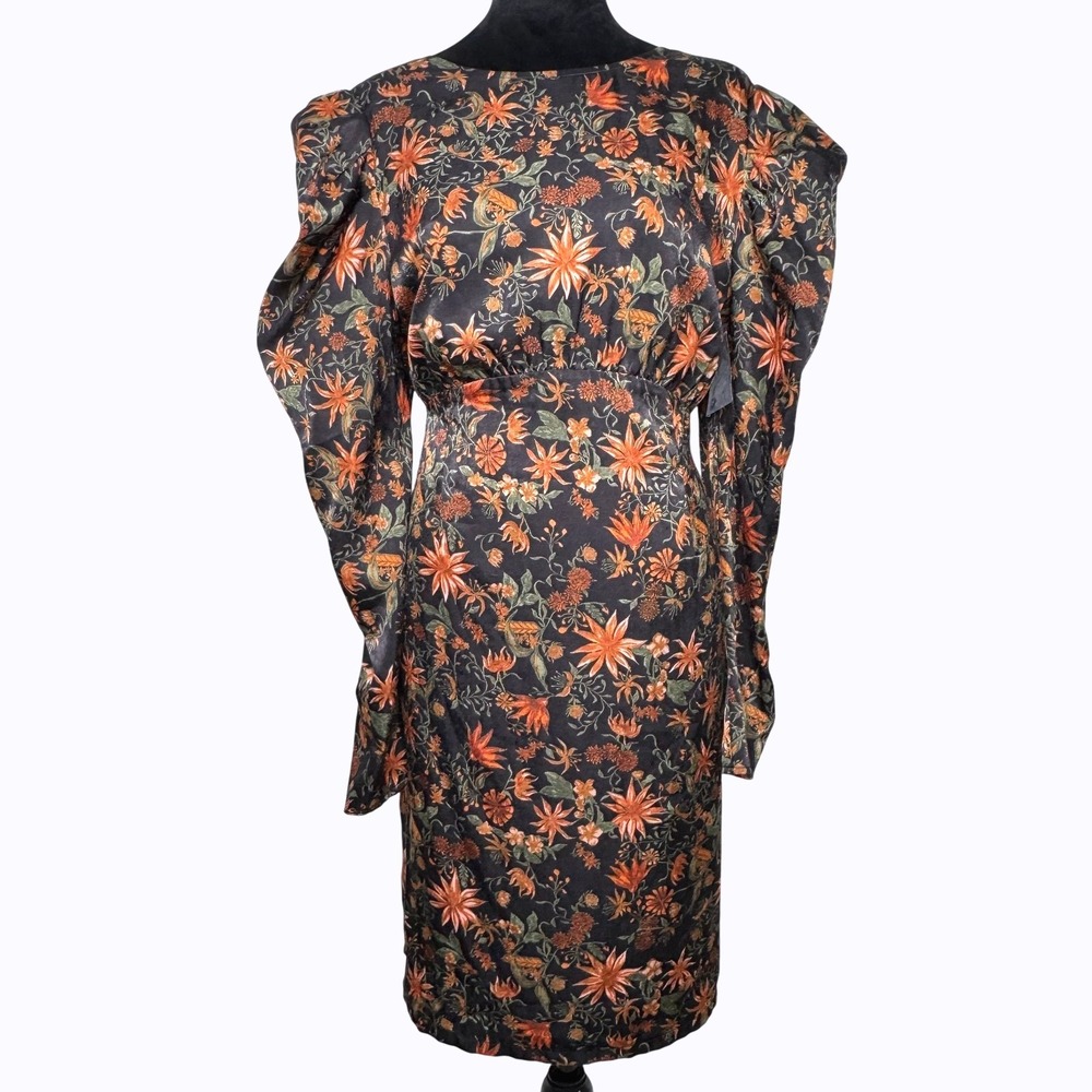 Chelsea 28 Floral Puff Sleeve Dress Womens XL Black Orange Satin Knee Length